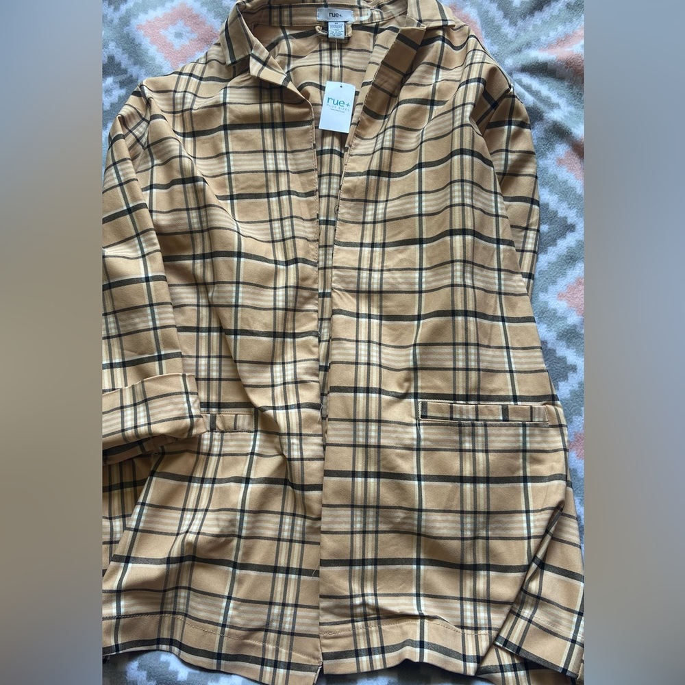 Plus Taupe Plaid Print Oversized Blazer